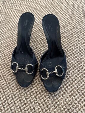 Authentic Gucci Black Horsebit Sandals with Silver Hardware